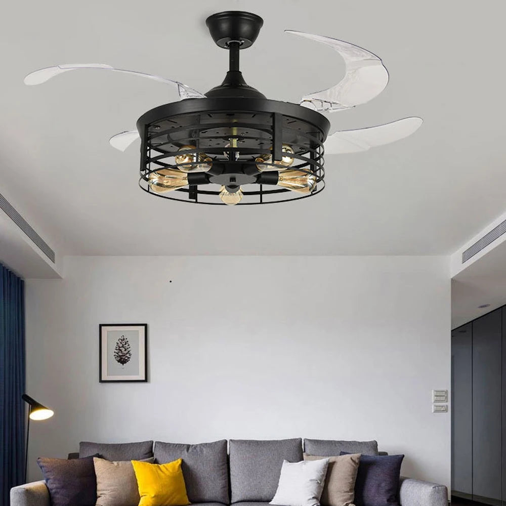 New Bird Cage Ceiling Fan Lamp - American Rural Retro Design with E27 Lights, Creative Invisible Fan for Living Room and Dining Room 