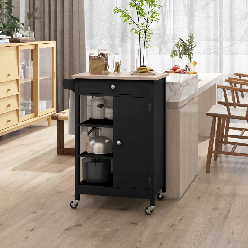 Modern Rolling Kitchen Island Cart with Drawer, Natural Wood Top, Towel Rack, Door Storage Cabinet, Black