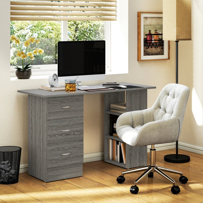 Computer Desk, 47" Writing Table with 3-Tier Shelves and 3 Reversible Drawers for Home Office, Bedroom, Grey