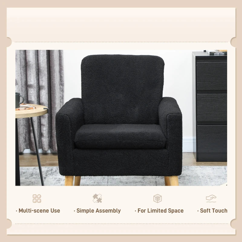 Fabric Accent Chair, Modern Upholstered Armchair with Wood Legs and Wide Padded Seat, Black
