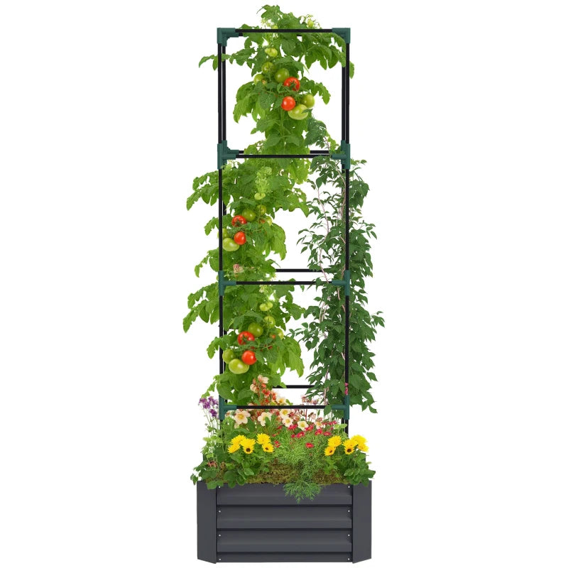 Galvanized Planter Box, Outdoor Raised Garden Bed with 4-Tier Trellis Tomato Cage for Climbing Vines, Vegetables, Grey