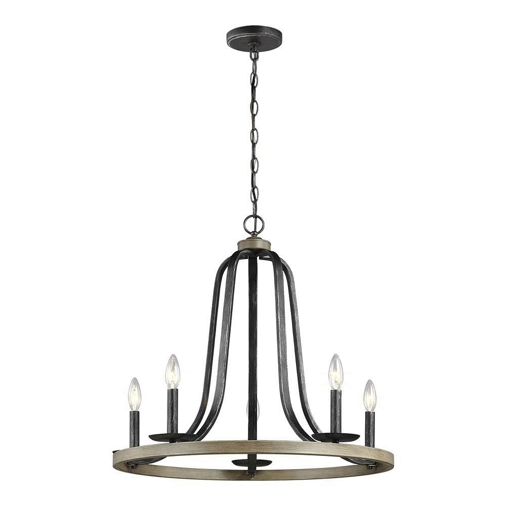 Rustic 5 Light Dimmable Farm Home Circle Metal Chandelier Oak Finish - Free Shipping 