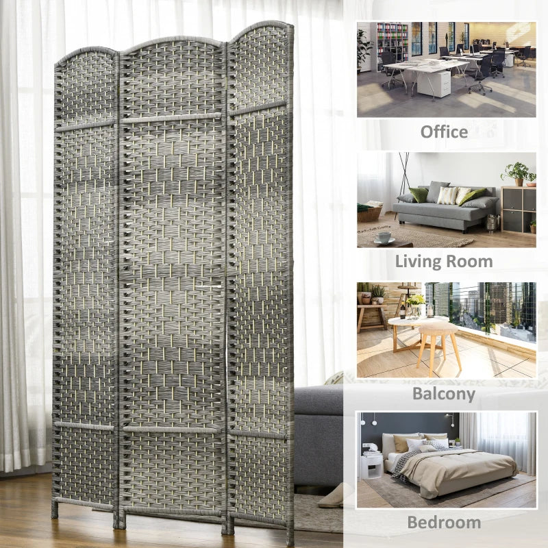 6 Ft Tall Folding Room Divider, 3 Panel Portable Privacy Screen, Hand-Woven Partition Wall Divider, Mixed Grey