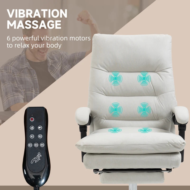 Executive Office Chair with 6-Point Massag, Microfibre Reclining Computer Chair with Footrest, Cream White