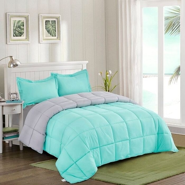 Twin/Twin XL Traditional Microfiber Reversible 3 Piece Comforter Set in Blue/Grey - Free Shipping