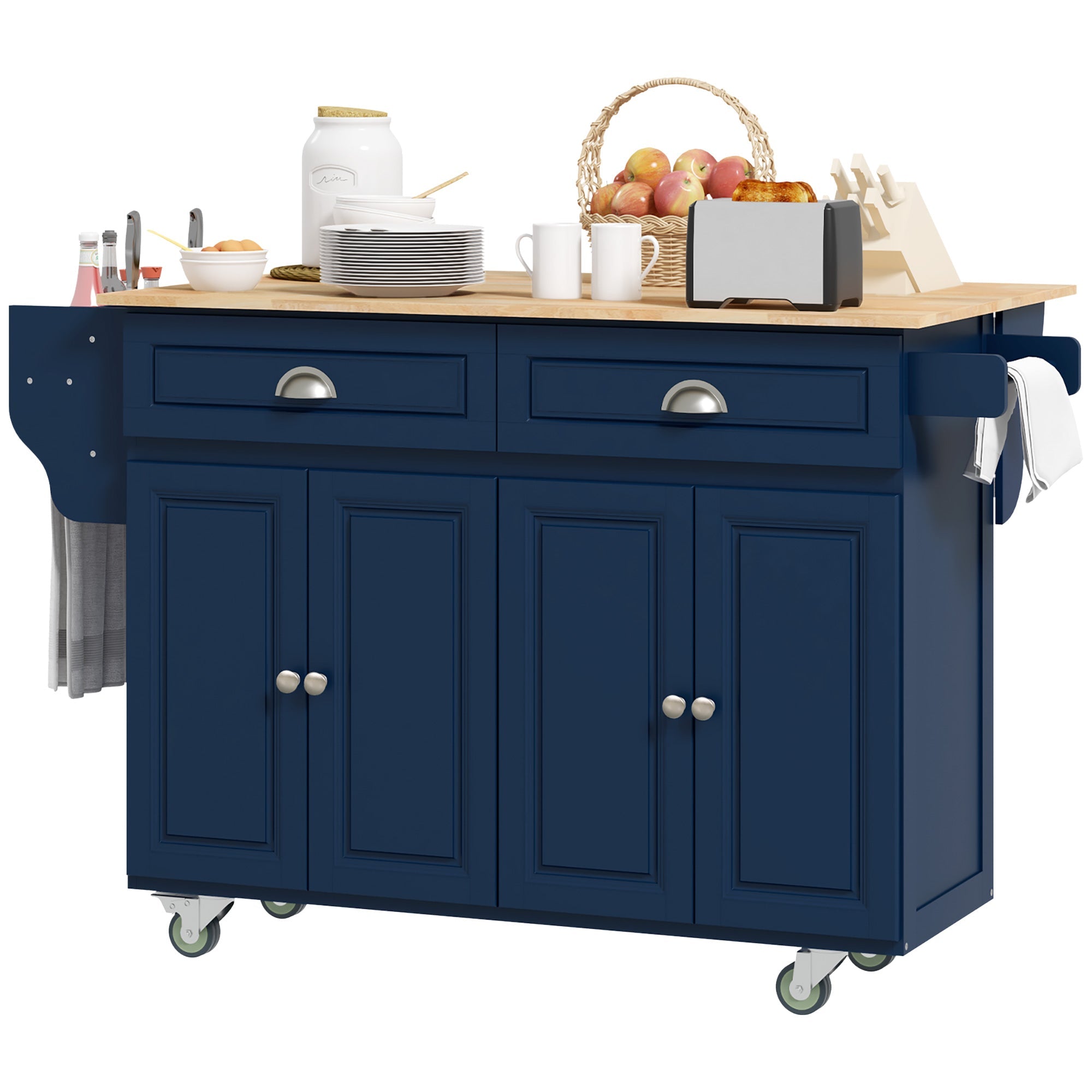 HOMCOM Kitchen Island with Storage, Rolling Kitchen Island with Drop Leaf, Rubber Wood Top and Adjustable Shelves, Navy Blue 