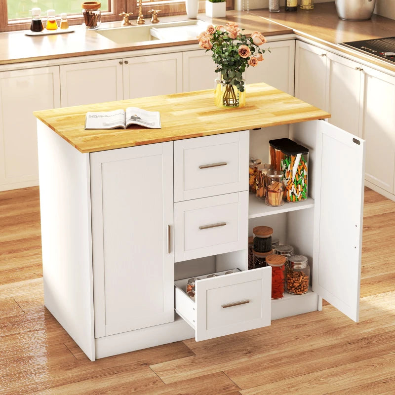 Kitchen Island with Storage Cabinets, Spacious Countertop 3 Drawers, 2 Adjustable Shelves and Sitting Space for Dining Room, White