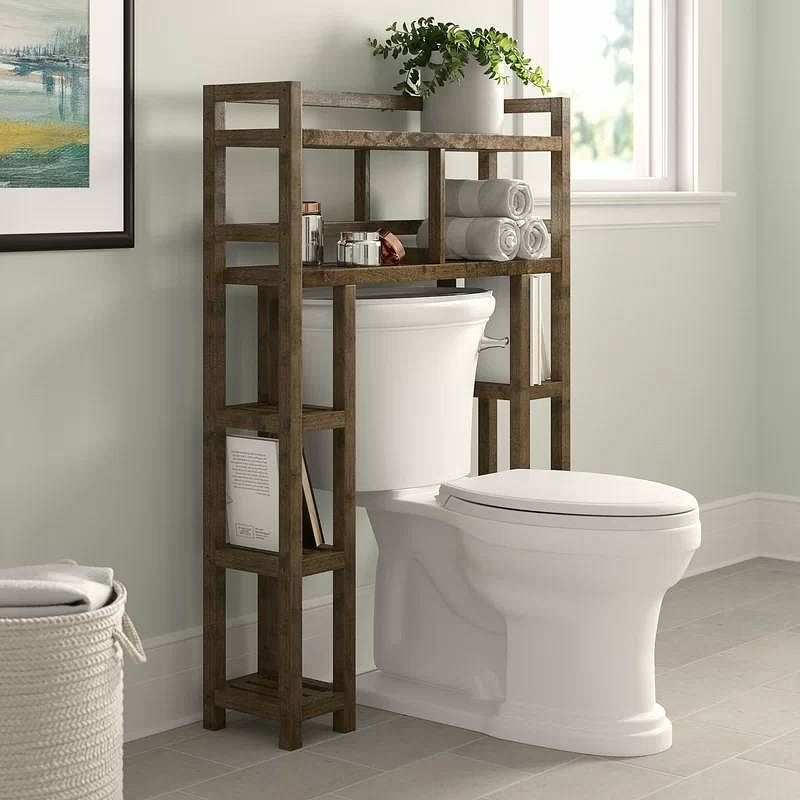 Solid Wood Over the Toilet Bathroom Storage Unit in Medium Brown Finish - Free Shipping