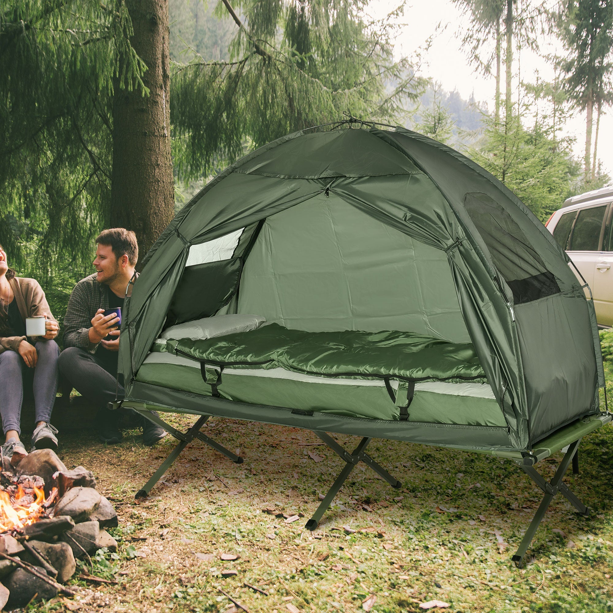 Outsunny Hiking Tent Camping Bed Cot Combo Portable w/ Sleep Bag Mattress 