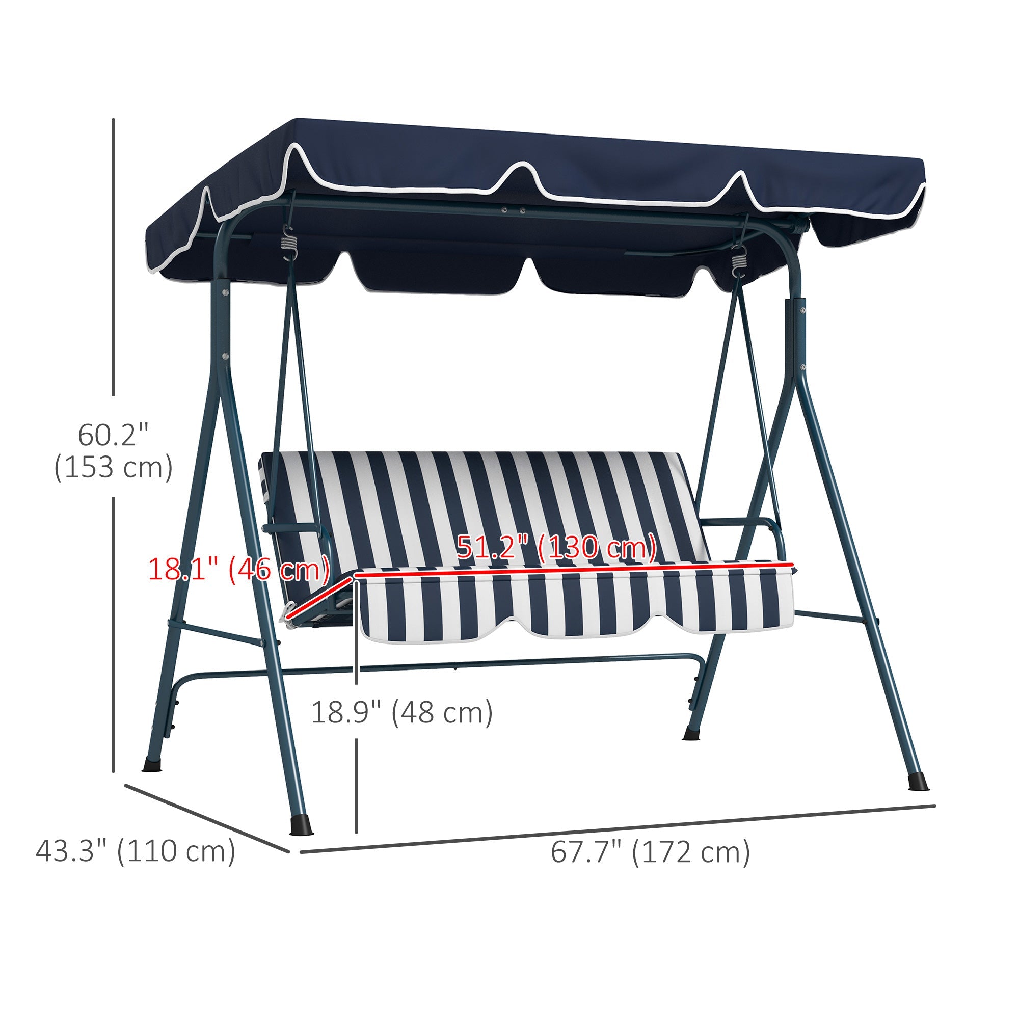 Outsunny 3-Seater Outdoor Porch Swing with Adjustable Canopy, Patio Swing Chair for Garden, Poolside, Backyard, Blue and White 