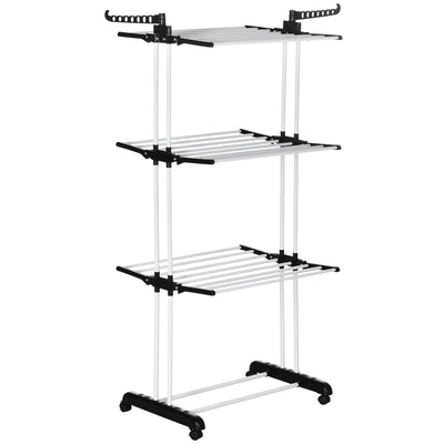 HOMCOM 4-Tier Foldable Clothes Drying Rack with Side Wings & Castors Steel Laundry Rack for Indoor/Outdoor Use Black 