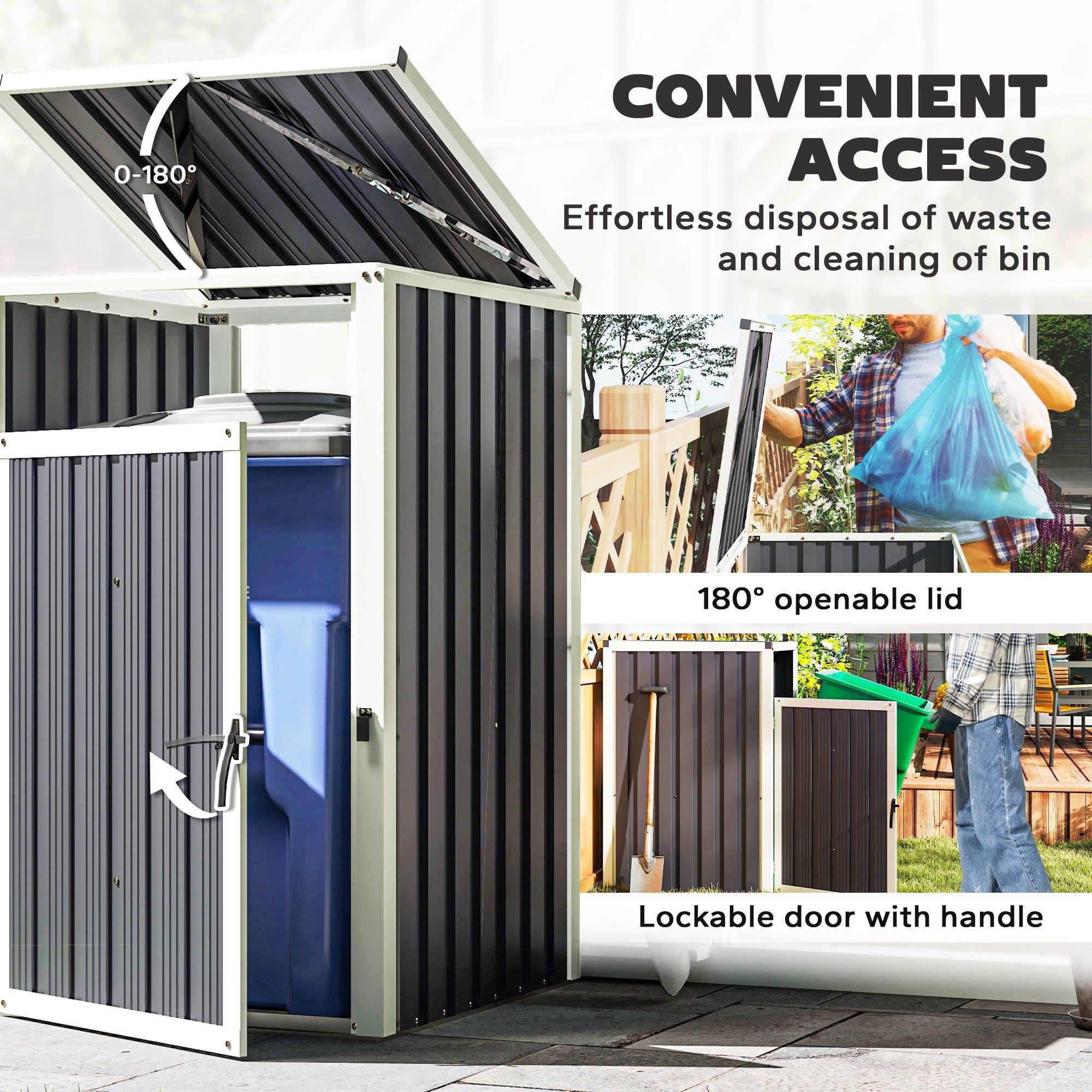 Outsunny Single Garbage Bin Shed, Lockable Outdoor Storage Shed with Openable Lid, Galvanized Frame for Garden Patio, Dark Grey 