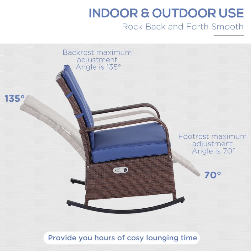 Outdoor Wicker Rocking Chair with Cushion, Patio PE Rattan Recliner Chair with Adjustable Footrest, Armrests, Dark Blue