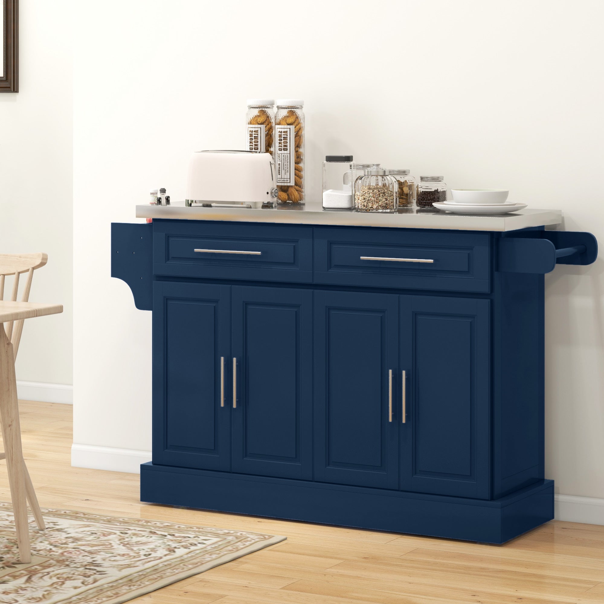 HOMCOM Rolling Kitchen Island with Storage and Stainless Steel Top, Kitchen Trolley with Drawers, Cabinets, Towel Rack, Blue 