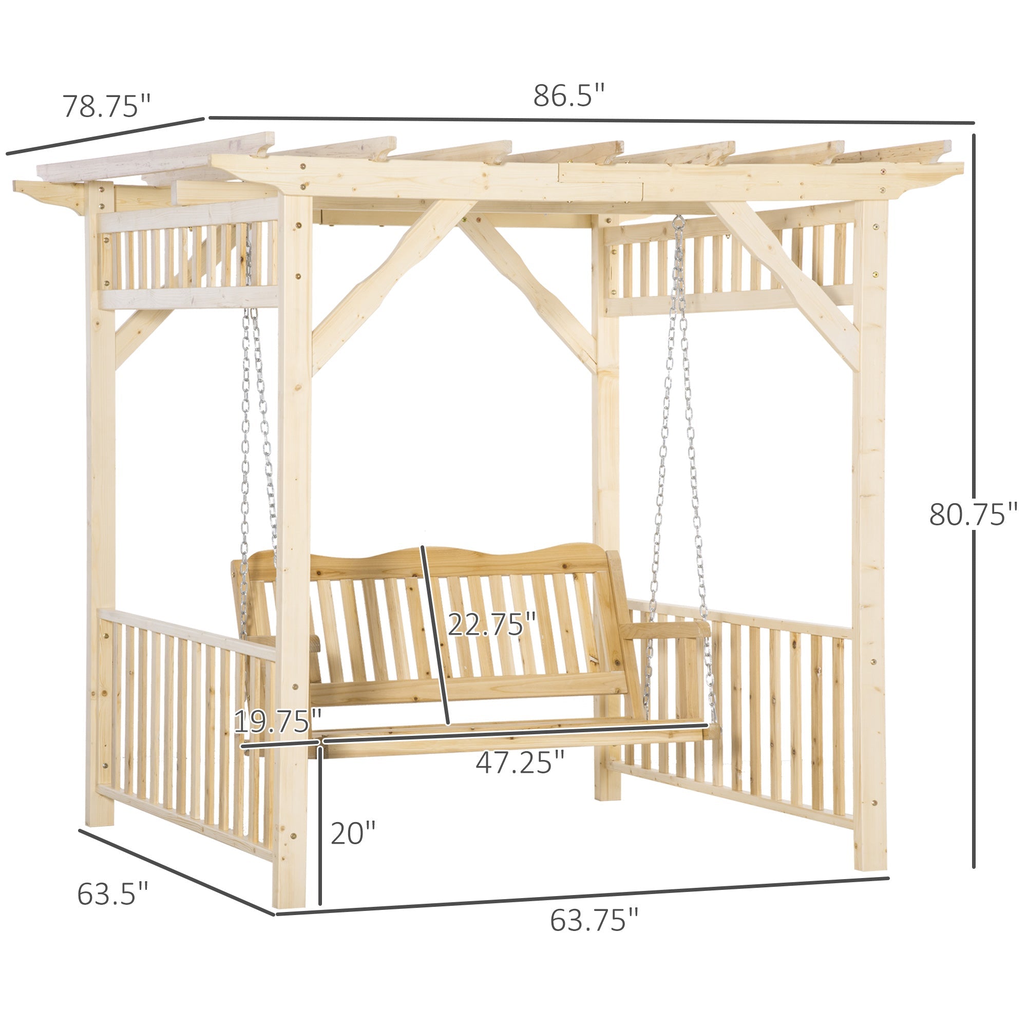Outsunny Patio Swing Chair with Pergola, 2-Person Wooden Gazebo Swing Bench Sun Shelter for Garden, Poolside, Backyard, Deck 