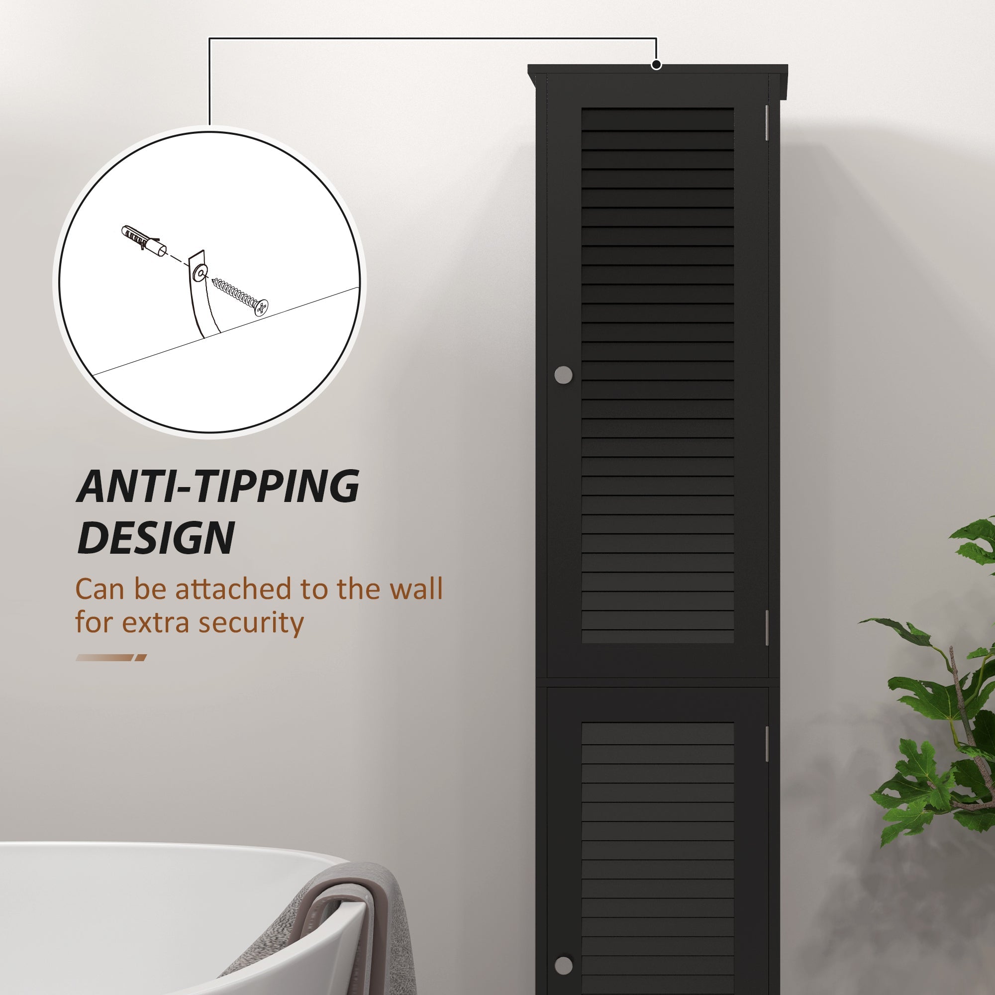 HOMCOM Narrow Tall Bathroom Storage Cabinet Shelves Doors Black 