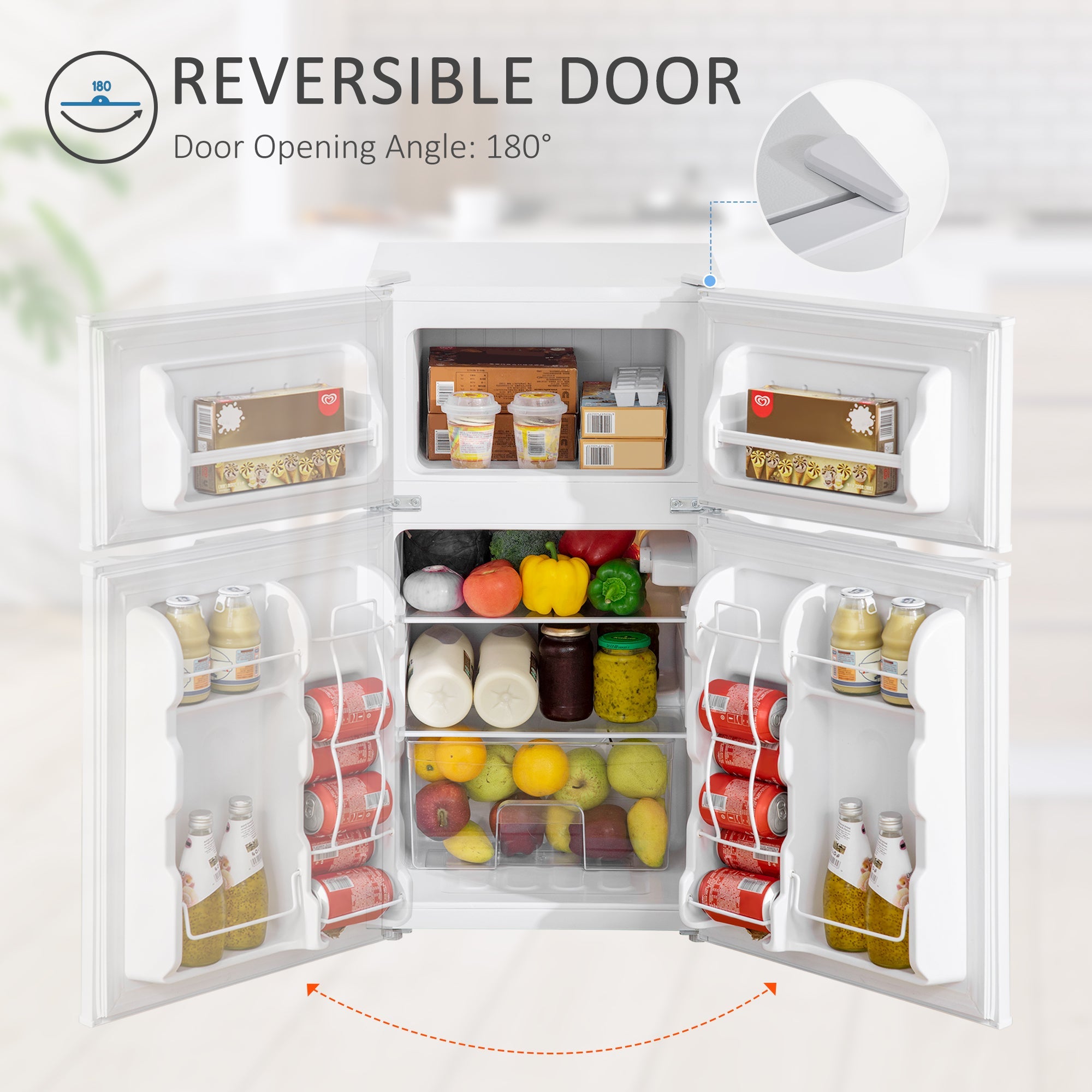 HOMCOM 3.2 Cu.Ft Double Door Mini Fridge Home Compact Refrigerator with Freezer, Adjustable Shelf, Mechanical Thermostat, White 