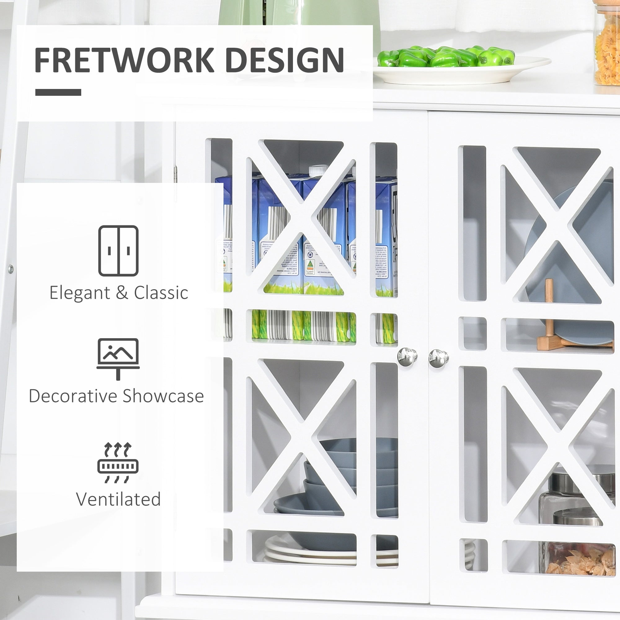 HOMCOM Modern Storage Cabinet with Fretwork Doors Shelf White Freestanding Sideboard Buffet for Contemporary Dining Living Room 