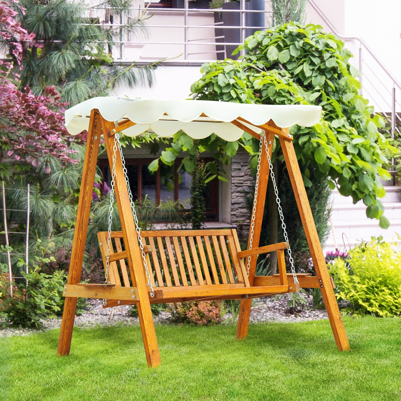 Outsunny 65" Patio Swing Chair with Canopy Outdoor Wooden Swing Bench Hammock for Garden, Poolside, Backyard 
