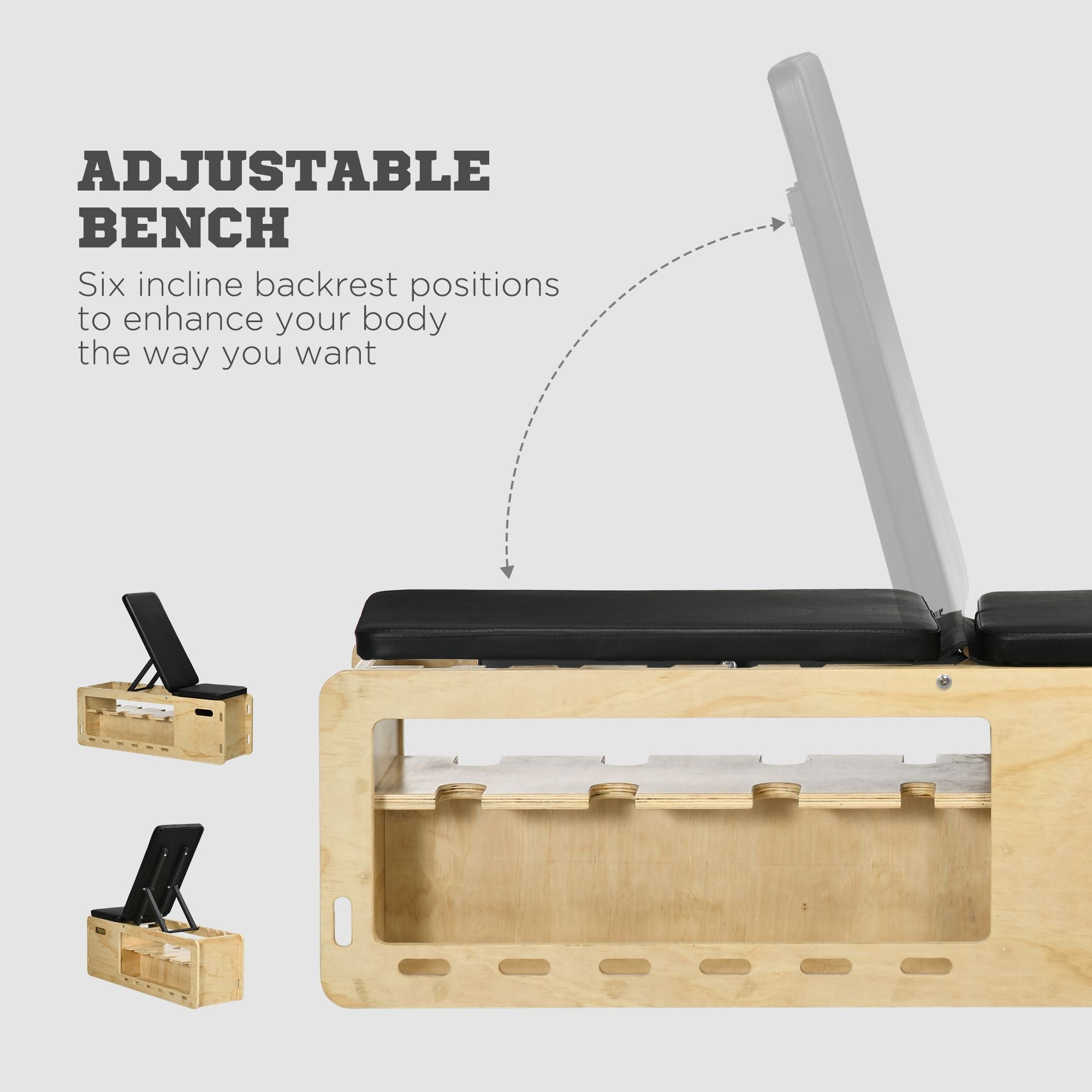 Soozier Wooden Workout Bench Adjustable Incline Dumbbell Rack Resistance Bands Home Gym 