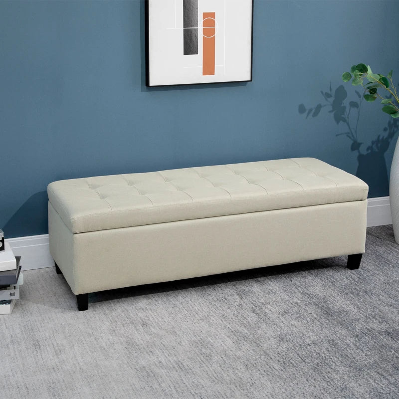 Rectangular Entry Bench, Tufted Upholstered Linen Fabric Wood Feet Storage Ottoman Bench, Beige