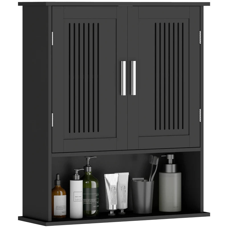Modern Wall Mount Bathroom Cabinet, Storage Organizer with 2 Door Cabinet and Shelf, Black