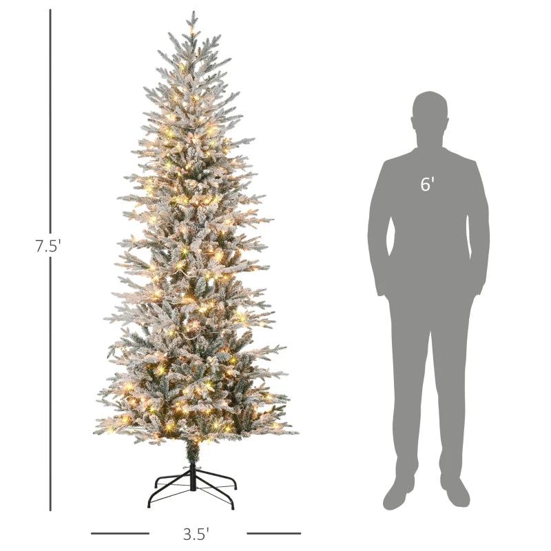 HOMCOM 7.5' Pre Lit Artificial Flocked Christmas Trees, with Snow Branches, Warm Yellow Clear Lights, Auto Open, Extra Bulb