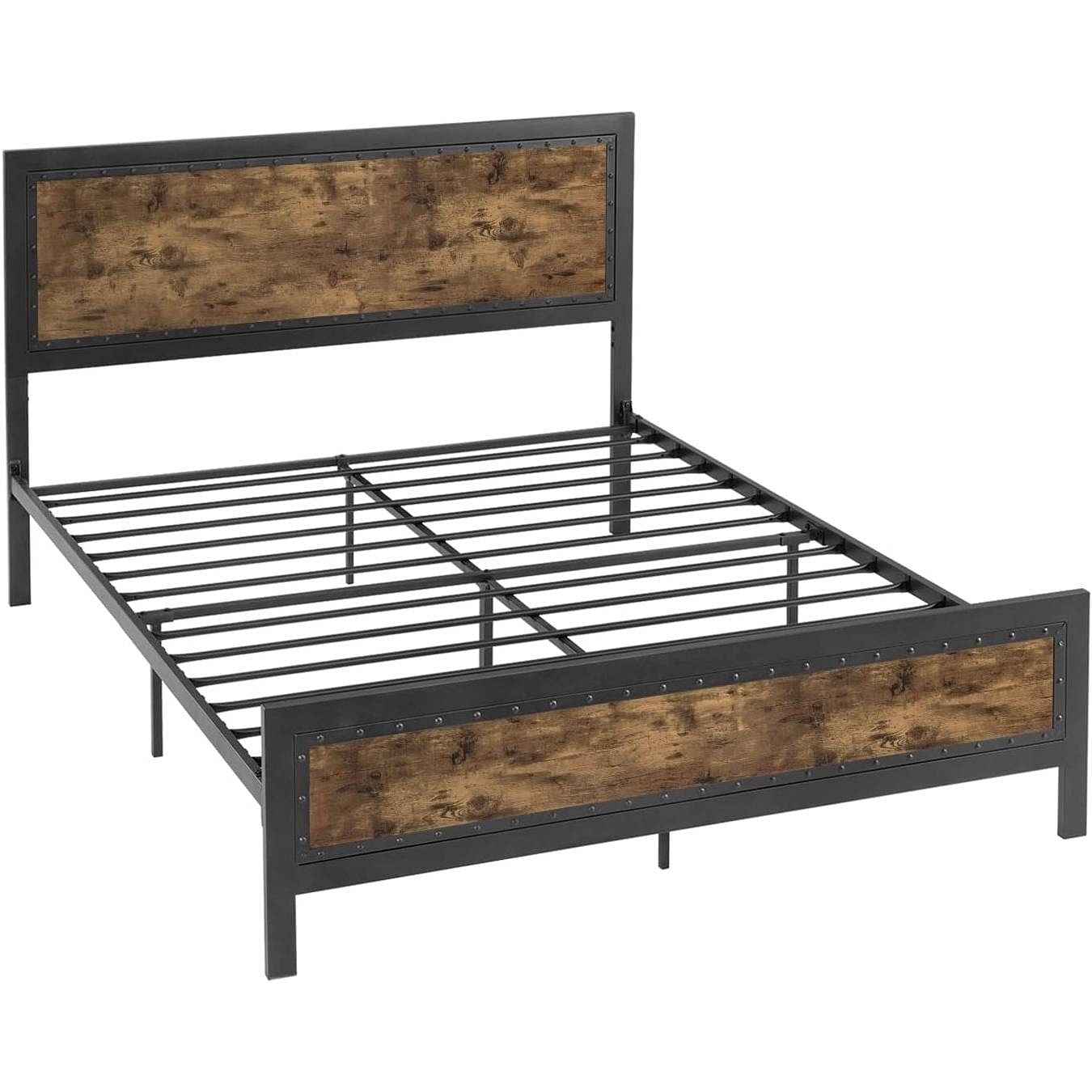 Queen Industrial Rivet Platform Bed Frame with Headboard in Rustic Wood Finish - Free Shipping