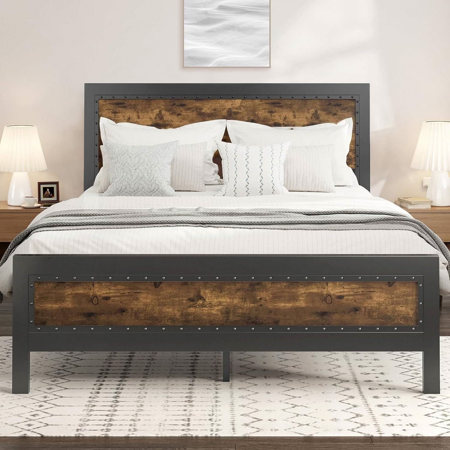 Queen Industrial Rivet Platform Bed Frame with Headboard in Rustic Wood Finish - Free Shipping