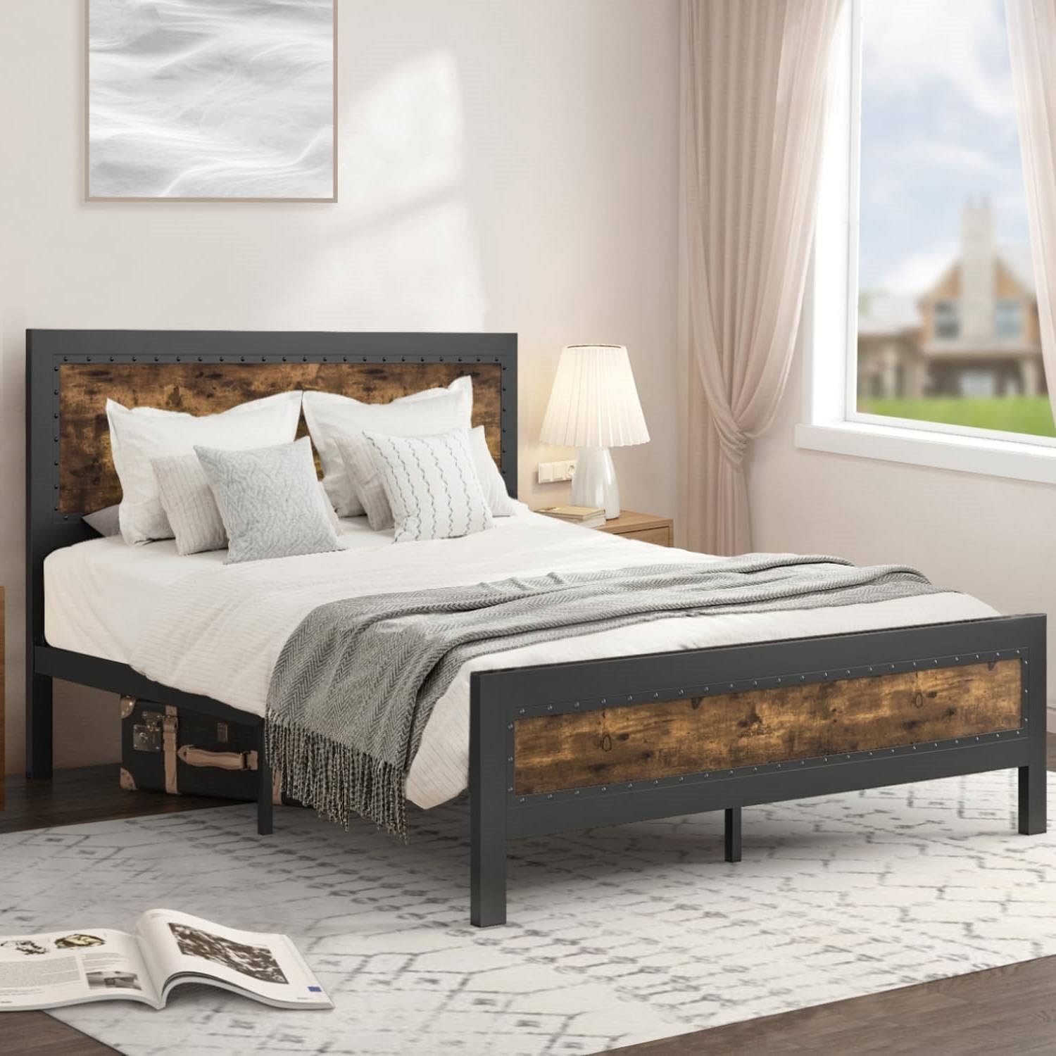 Queen Industrial Rivet Platform Bed Frame with Headboard in Rustic Wood Finish - Free Shipping