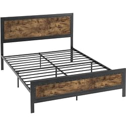 Queen Industrial Rivet Platform Bed Frame with Headboard in Rustic Wood Finish - Free Shipping