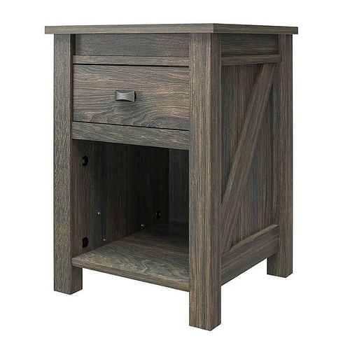 Farmhouse 1-Drawer Bedroom Nightstand with Open Shelf in Rustic Grey Oak - Free Shipping