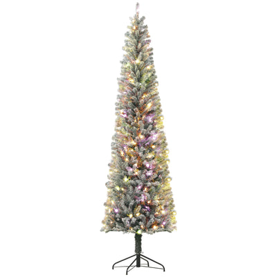 HOMCOM 9ft Prelit Pencil Artificial Christmas Tree, Flocked Xmas Tree with Dual Colour LED Lights, 895 Tips and Metal Stand 