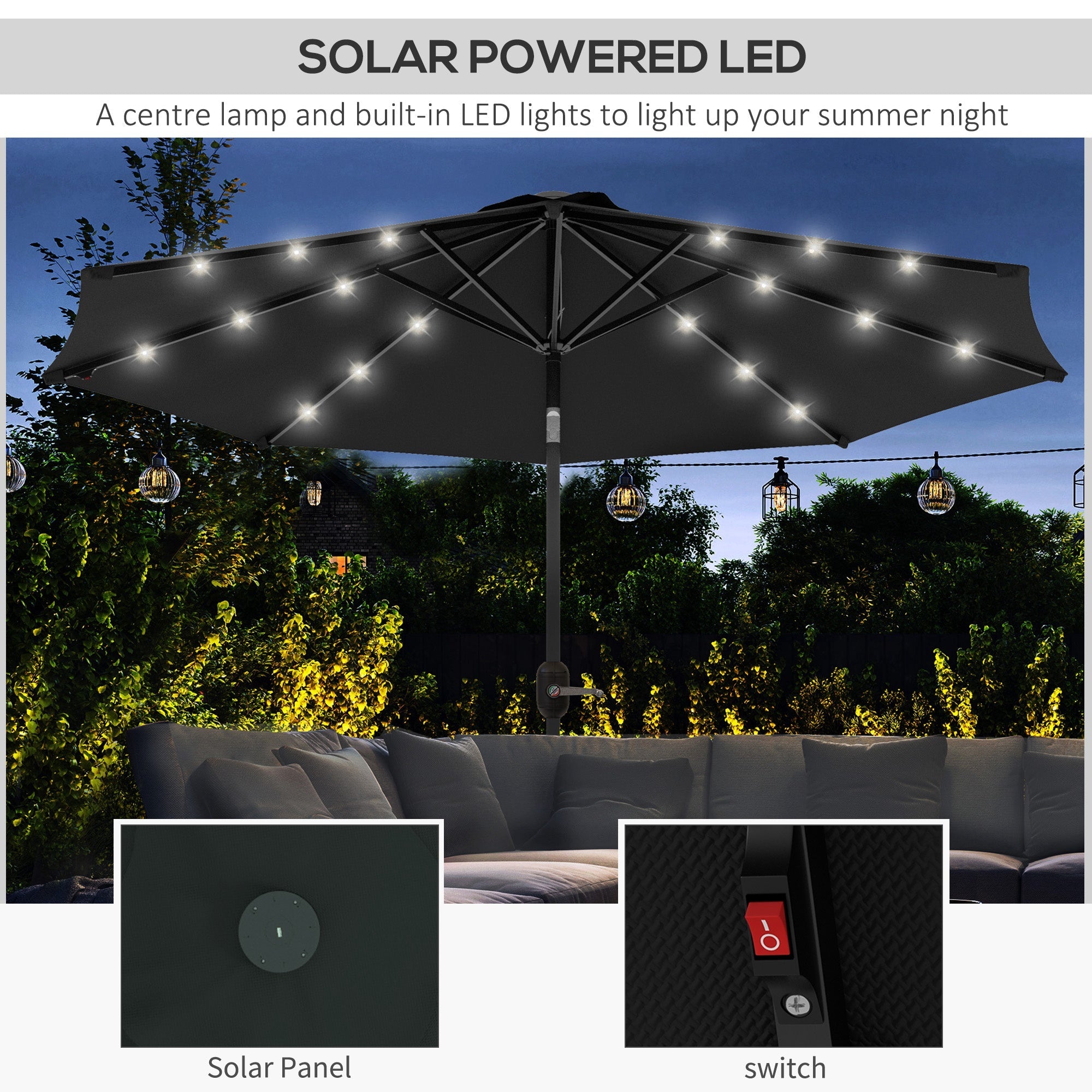 Outsunny 9ft Solar LED Outdoor Patio Umbrella: Black Tilt Canopy Sunshade for Evening Gatherings 