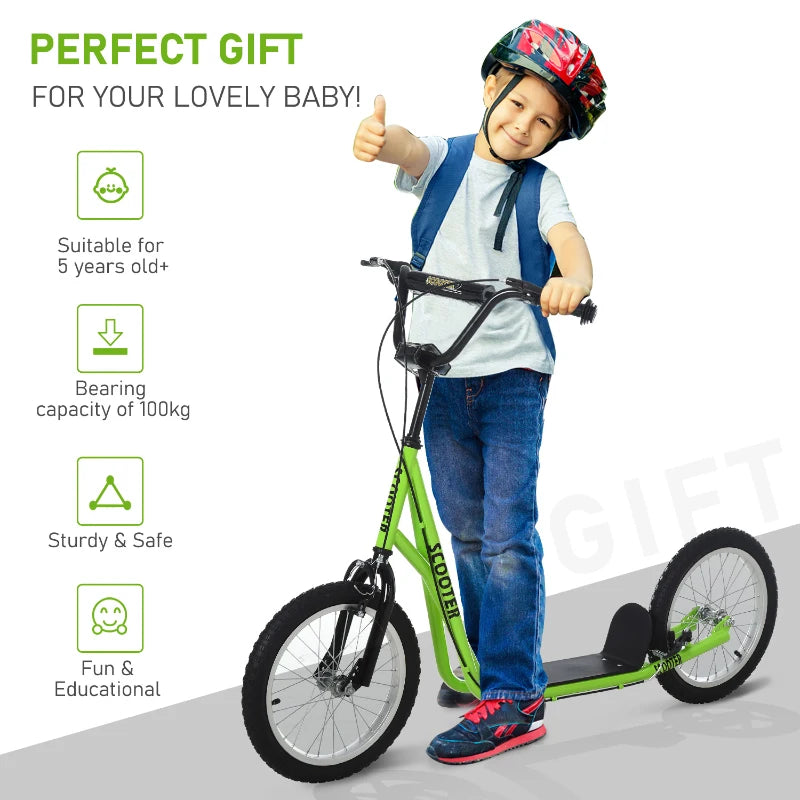 Aosom Kids Kick Scooter for 5+ Year Old, Kids Ride on Toy w/ 16'' Inflatable Wheel Dual Brakes, Green