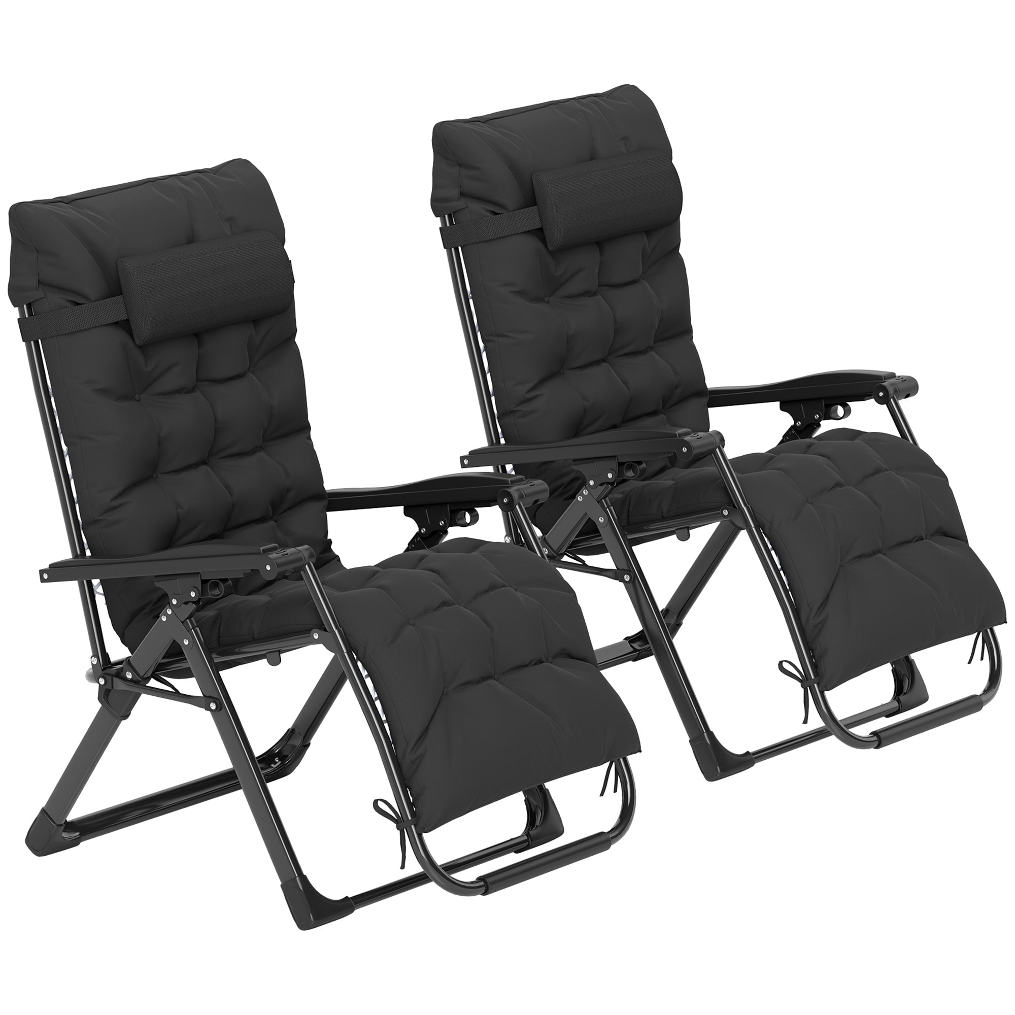 Outsunny Folding Garden Chairs Set of 2, Reclining Zero Gravity Chair, Sun Lounger with Cushion and Headrest, Black 