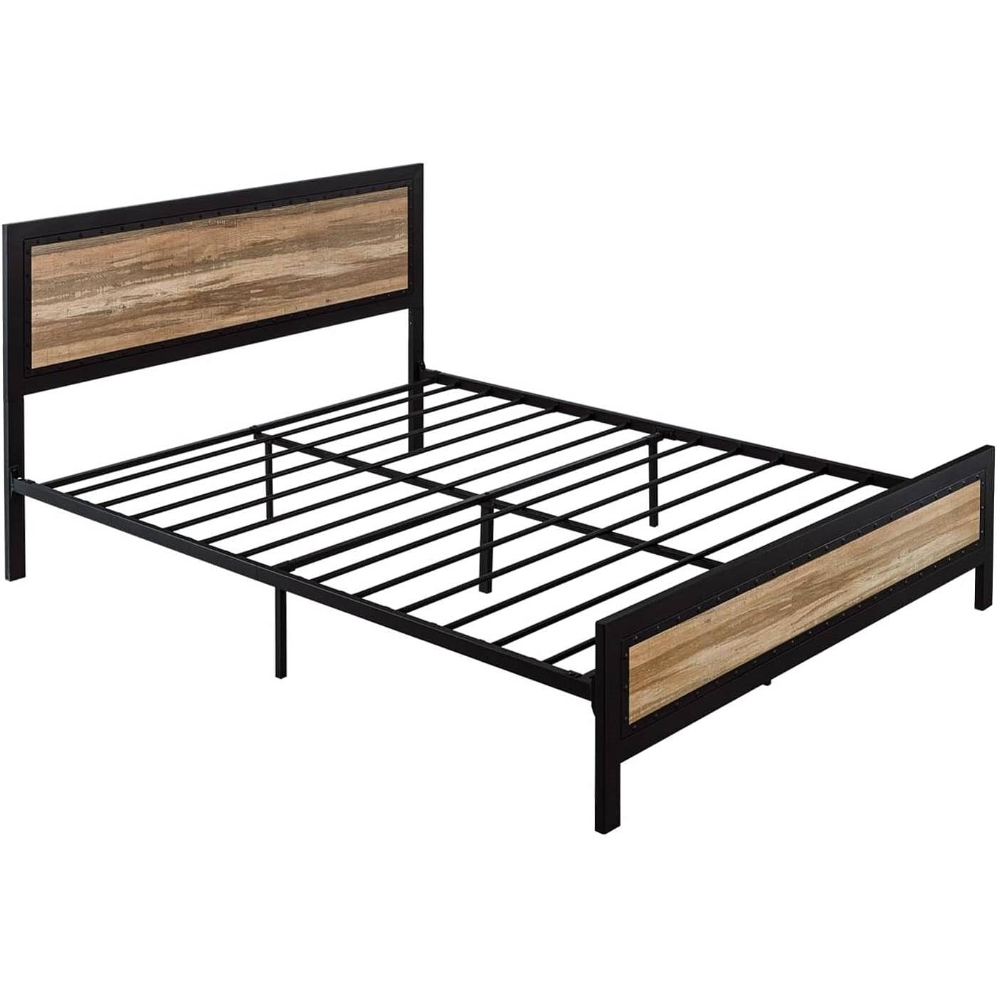 Queen Industrial Metal Wood Rivet Platform Bed Frame w/ Headboard and Footboard - Free Shipping