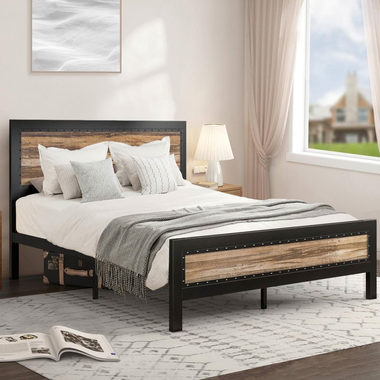 Queen Industrial Metal Wood Rivet Platform Bed Frame w/ Headboard and Footboard - Free Shipping