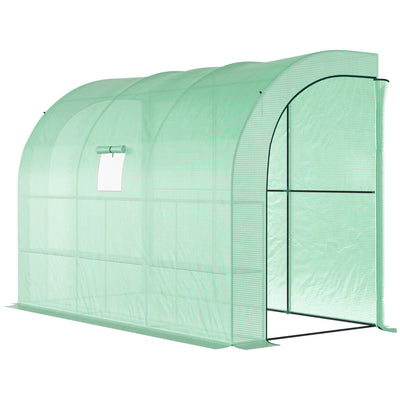Outsunny Walk-in Wall Lean-to Greenhouse, 10' x 5' x 7' Outdoor Gardening Green House with PE Cover, Windows, Shelves and 2 Zipper Doors, Green 