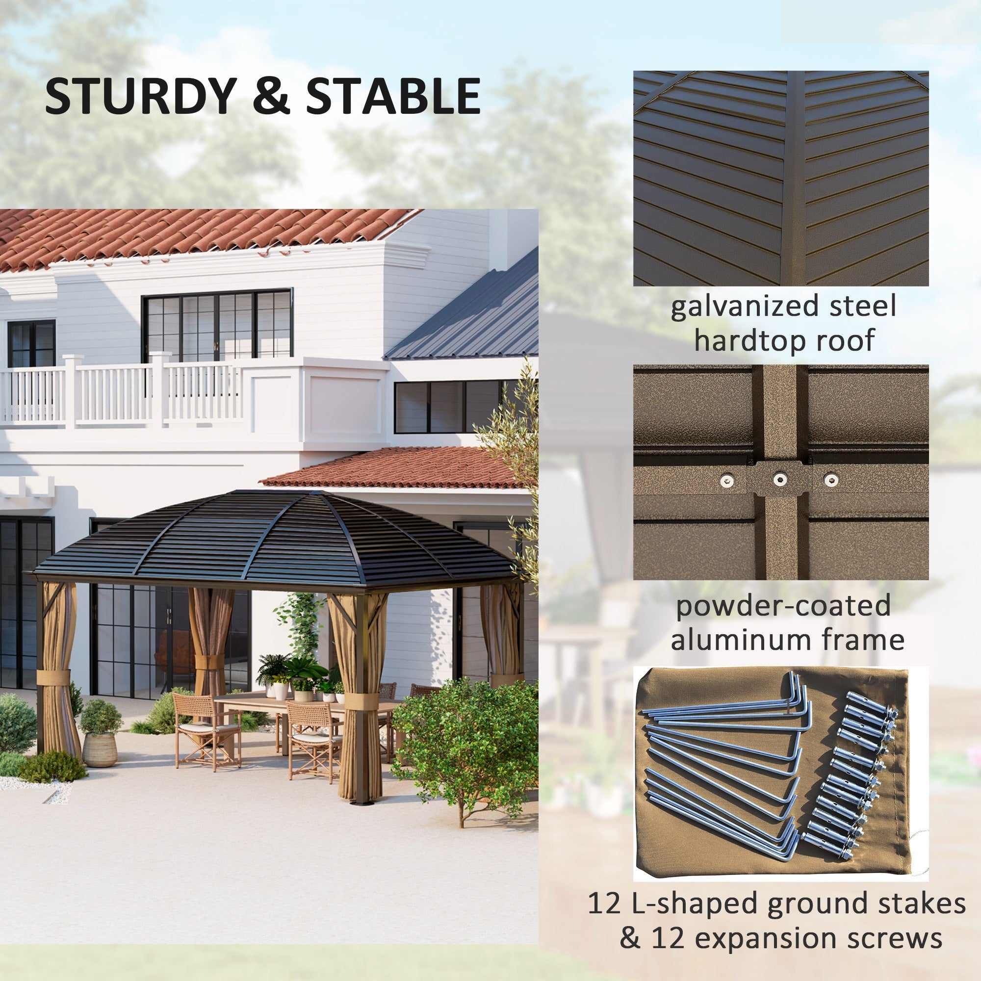 Outsunny 10' x 13' Hardtop Gazebo Aluminum Outdoor Canopy with Mesh Nettings, Curtains, Brown 
