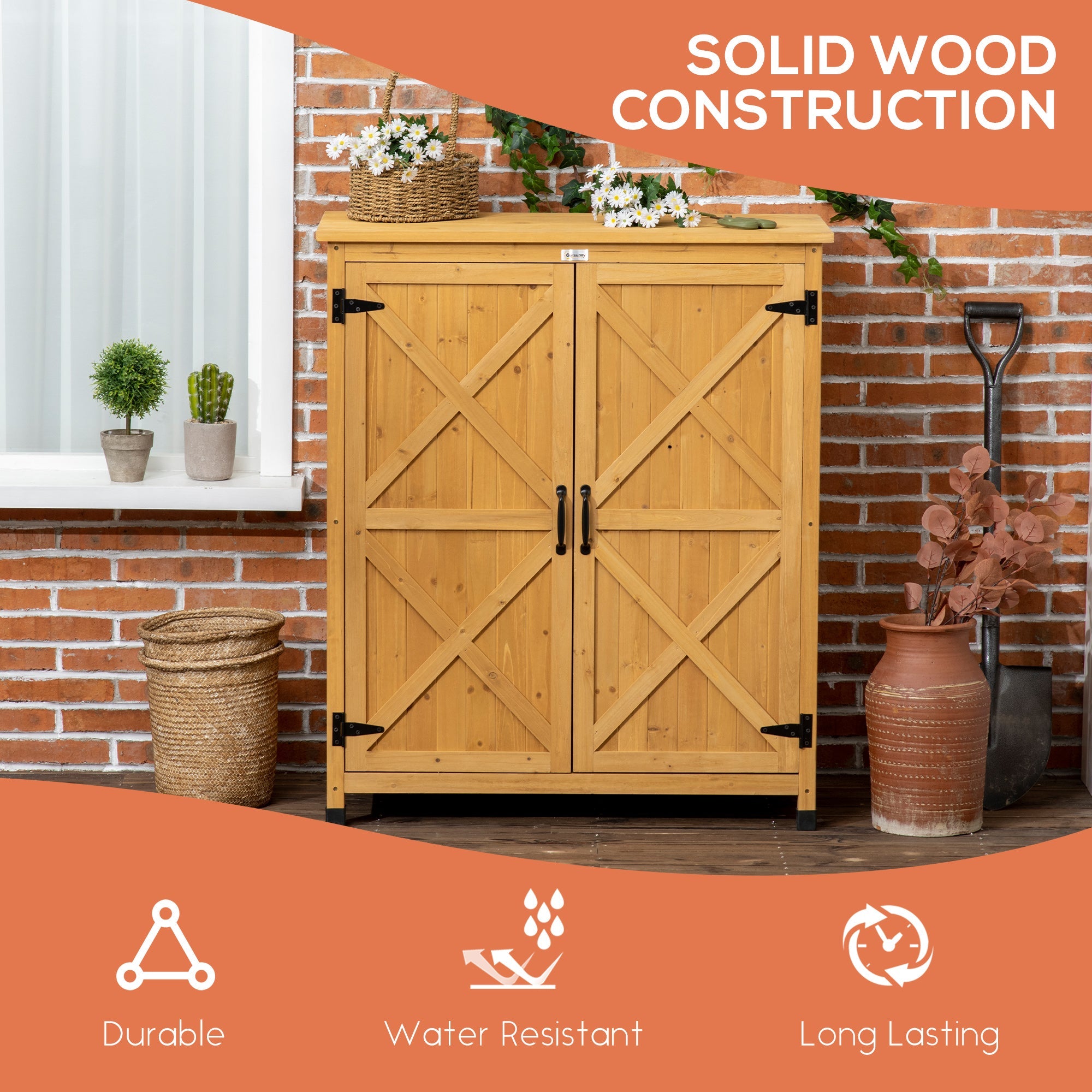 Outsunny Outdoor Storage Cabinet Potting Table Wooden Gardening Bench with Patio Cabinet Magnetic Doors 