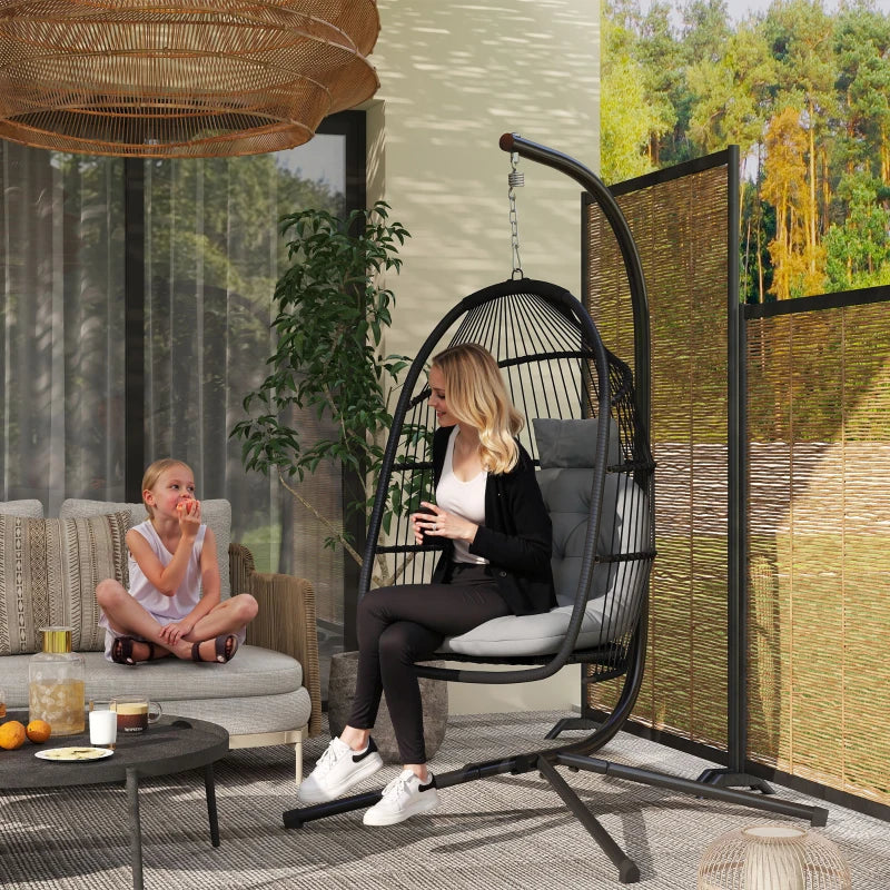Wicker Egg Swing Chair with Stand, Foldable Hanging Egg Chair with UV Resistant Cushion, Headrest, Dark Grey