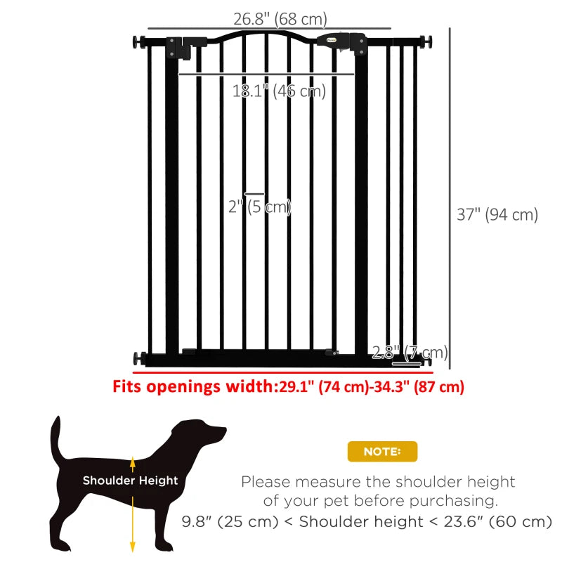 Extra Tall Dog Gate with Door, Pressure Fit, Auto Close, Double Locking for Doorways Hallways Stairs, 29"-34", Black