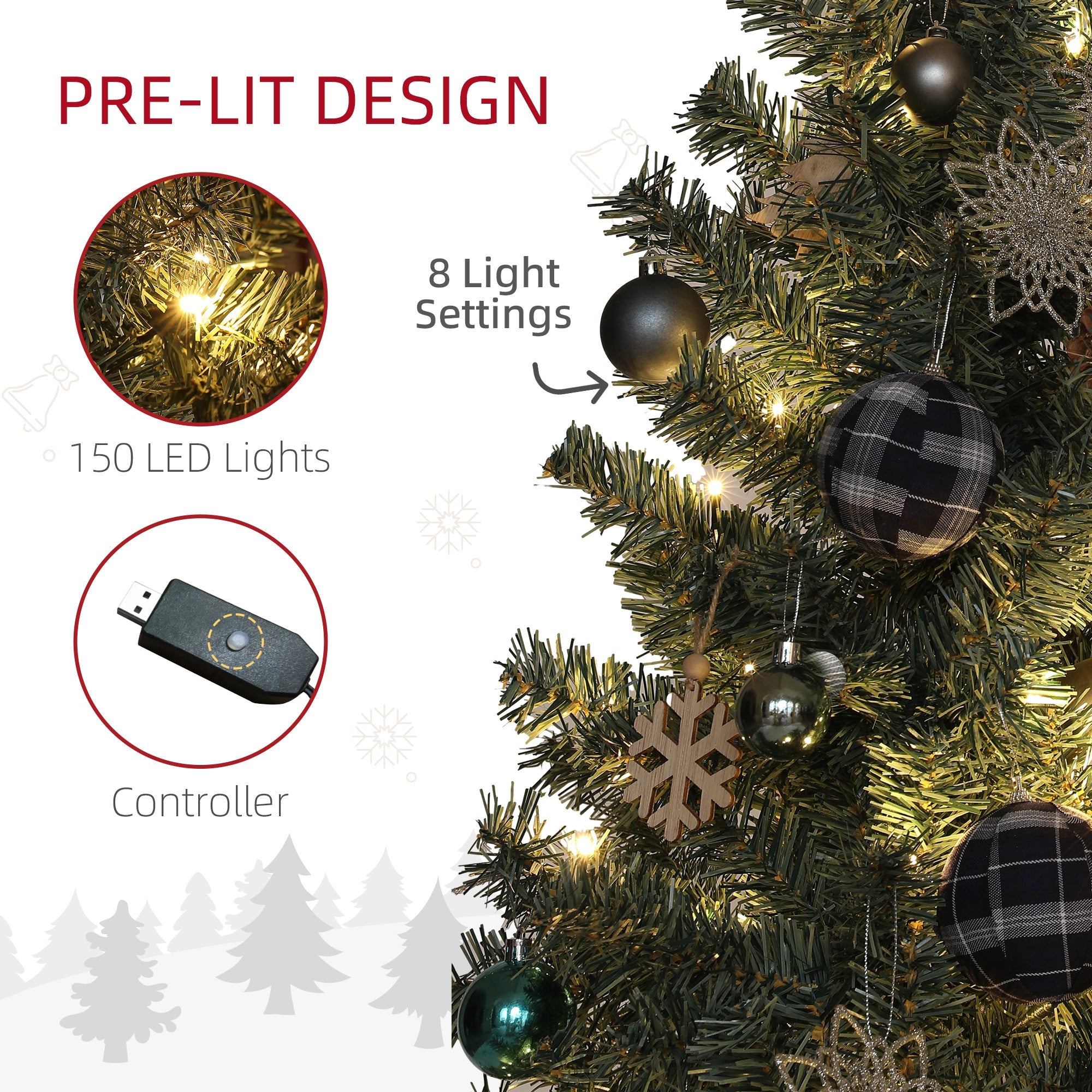 HOMCOM 6ft Artificial Prelit Christmas Tree with 150 Warm White LED Lights, Pre Decorated Xmas Tree for Home Office Holiday 