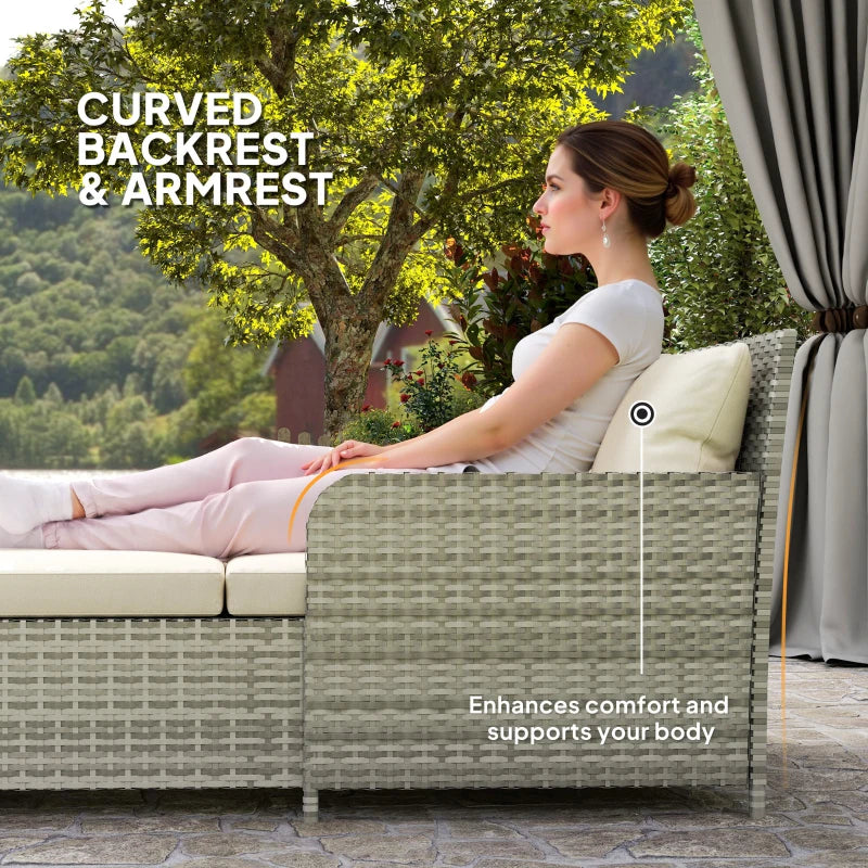 Rattan Outdoor Daybed, Sunbed Loveseat with Soft Cushions, 4 Pillows, Curved Backrest & Armrest, Beige