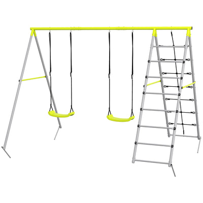 Outsunny 4-in-1 Metal Swing Set Double Swings Climber Climbing Net Kids Toddlers Backyard Outdoor Playground 