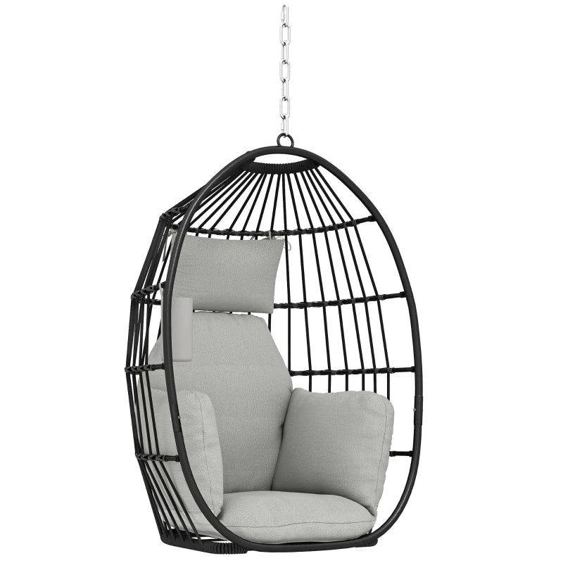 Hanging Egg Chair Without Stand, Foldable Basket Swing Chair with Head Pillow, Soft Cushion and Cup Holder, Dark Grey