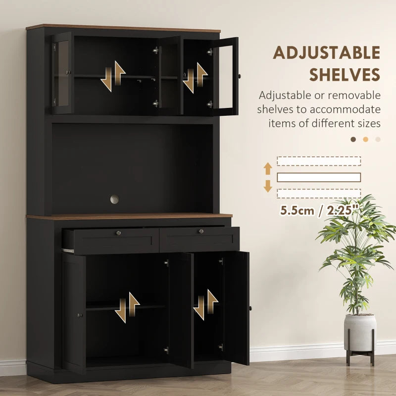 71" Pantry Cabinet with Microwave Space, Buffet with Hutch, 2 Drawers, Adjustable Shelves and Glass Doors, Black