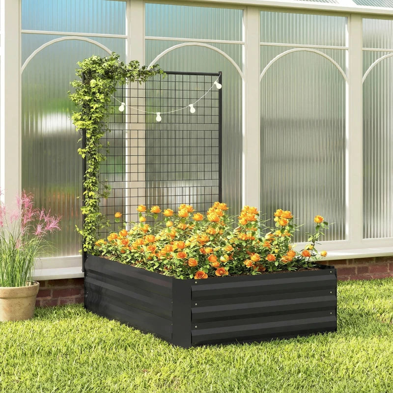 Galvanized Raised Garden Bed with Trellis for Climbing Plants, Outdoor Planter Box with Open Bottom, Black