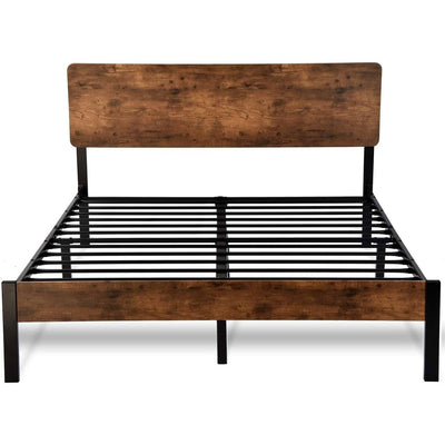 Queen Modern Metal Platform Bed Frame with Rustic Wood Headboard and Footboard - Free Shipping 